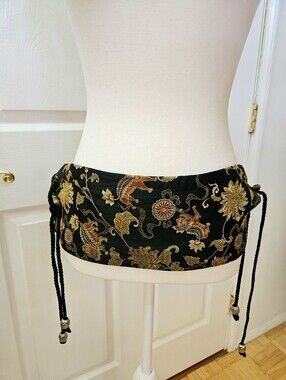 OOAK Artist Made Y2K Brocade Chinese Black Floral Sash Belt with Tassels